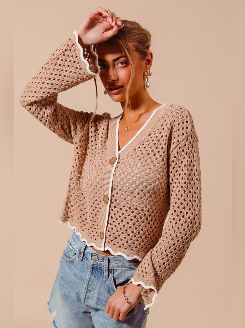 SO ME Open Knit Light Weight Sweater Cardigan With Contrast Wavy Scallop Edge - Picture 6 of 11